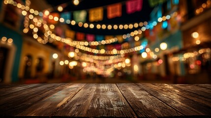 Dark rustic wooden table foreground against blurred festive street lights and colorful night market banners, concept for product display, party promotion and authentic cultural food setting