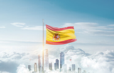 Spain national flag waving in sky with modern building skyline. Spain national flag for...
