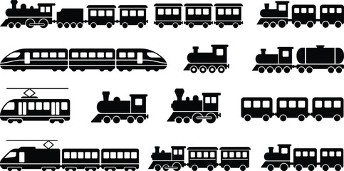 Train icon set, black vector style, steam locomotive, high-speed rail, tram, freight train, transportation graphic, railway symbol © Sopon Creatives