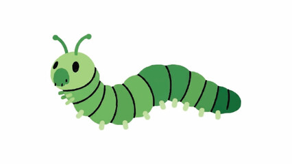 Simple and cute green caterpillar cartoon with a friendly face, small antennae, and multiple segments, illustrated on a plain white background.