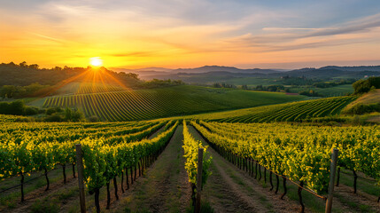 A serene vineyard landscape at sunset with lush green grapevines and rolling hills in the background.