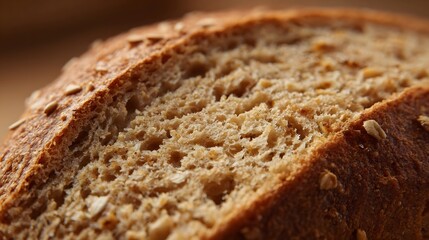 Detailed close up of a rustic whole grain bread slice showing its porous crumb and golden crust