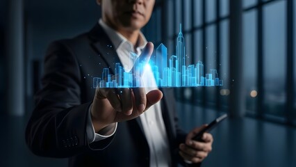 Businessman holding a glowing blue digital city hologram in his hand, representing urban development.