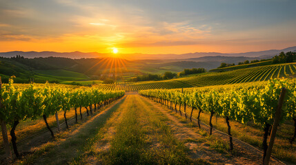 Fototapeta premium A serene vineyard landscape at sunset with rows of lush green grapevines and rolling hills in the background.