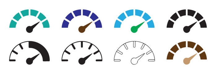 Professional speed indicator icons in diverse colors and stroke weights for technical presentations