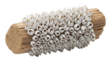 Barnacles clinging to driftwood coastal shoreline isolated on transparent background