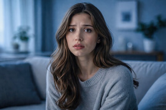 Horizontal photo of a woman sitting alone on a sofa in a softly lit interior, cool blue tones expressing quiet sadness, emotional isolation, and introspective calm for states of mind, mental health - Powered by Adobe