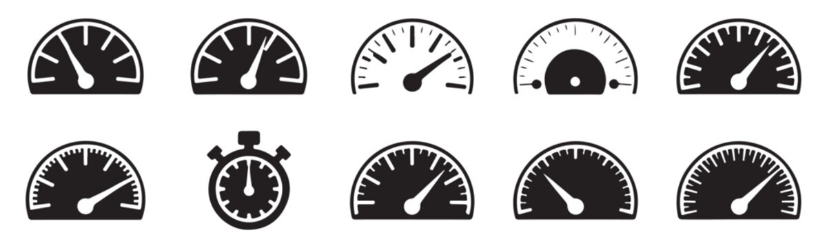 Speedometer gauge icon set speed indicator measurement car dashboard black white vector illustration