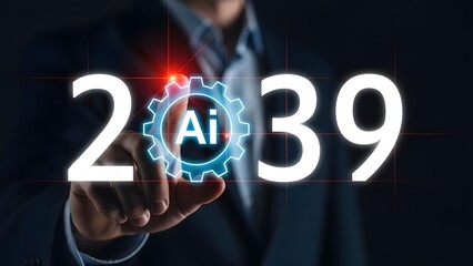 Businessman points at 2039, emphasizing the future of artificial intelligence technology.