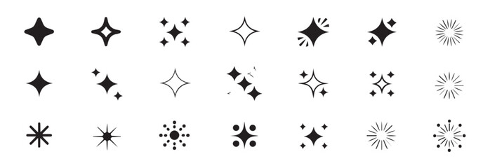 Minimalist sparkle vector icons collection with elegant black stars and sunburst designs on white space