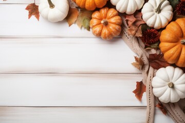 Pumpkins and colorful fall leaves decorating a rustic white wooden backdrop, creating an autumn scene