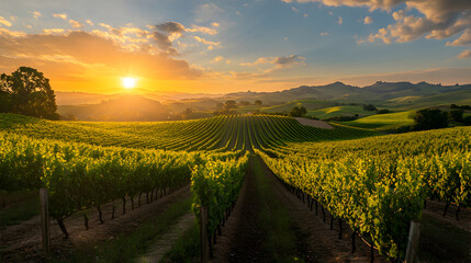 A serene vineyard landscape at sunset with rolling hills and lush greenery