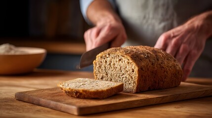 A hand slices a rustic multigrain bread loaf on a wooden cutting board in a warm kitchen setting