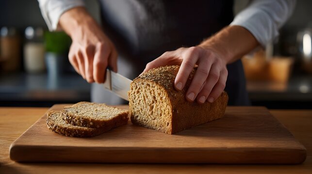 Hands slicing a textured loaf of multigrain bread on a wooden cutting board in a kitchen setting - Powered by Adobe