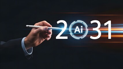 Hand holding a digital pen interacts with the glowing "2031 ai" text and abstract light trails.