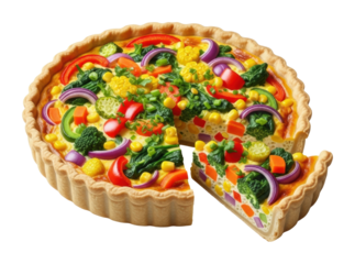 Vegetable quiche recipe kitchen food bright top view isolated on transparent background