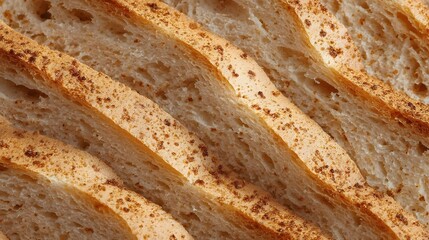 Close up view of diagonally sliced bread revealing its porous crumb and textured golden brown crust