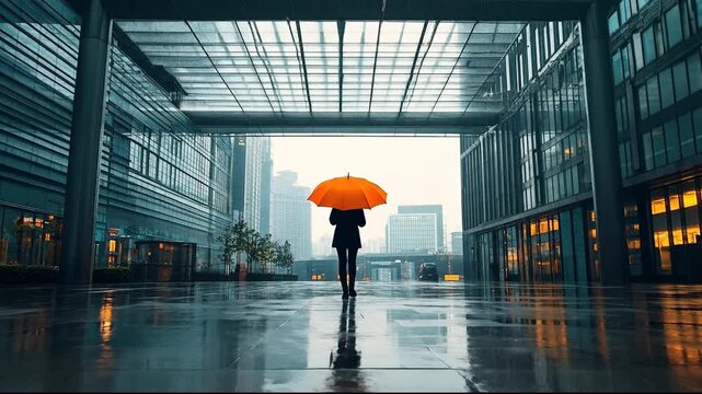 A person with an orange umbrella walks in a modern, rainy cityscape.