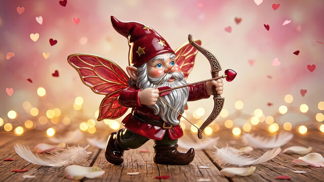 Ceramic Garden Gnome Cupid with Fairy Wings and Heart Arrow Standing on Wood Amidst Romantic Bokeh and Feathers