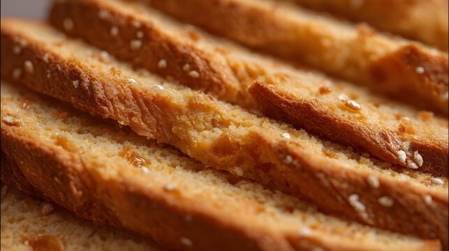 Close up of golden brown toasted bread slices layered diagonally sprinkled with sesame seeds revealing a detailed grainy texture - Powered by Adobe