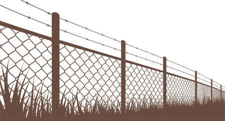 Chain link fence vector illustration, vintage sketch of a metal wire security fence with barbed wire and grass in monochrome