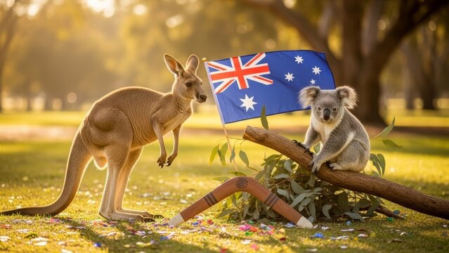 Australian kangaroo and koala with flag and boomerang