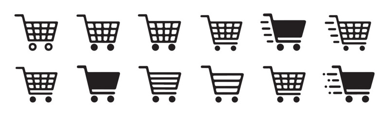 Shopping cart icons set in different styles for e-commerce and retail interface design