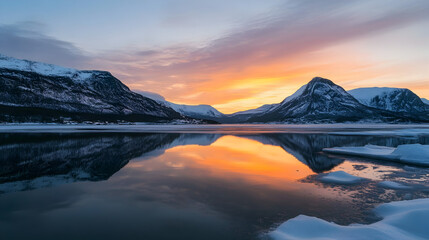 A serene winter landscape with snow-capped mountains reflecting in a calm lake at sunset