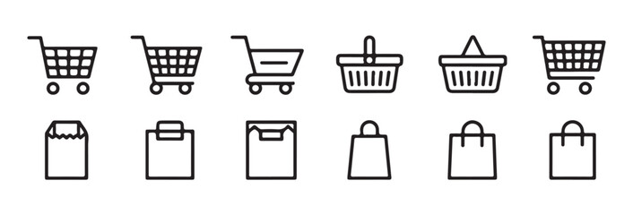 Minimalist shopping cart and basket line icons set black thin stroke graphics for ecommerce store © Lover