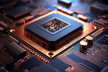 Cpu microchip on motherboard creating digital data processing and computer hardware