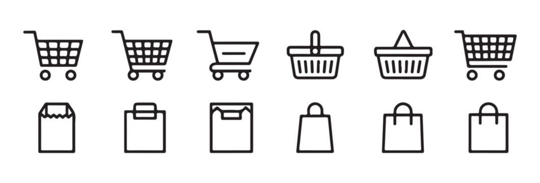 Minimalist shopping cart and basket line icons set black thin stroke graphics for ecommerce store