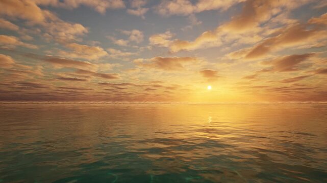 Golden sunset over calm ocean waves, realistic 3D landscape of sunrise sea horizon with reflection.