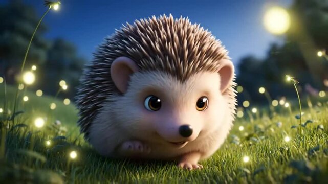 Adorable animated hedgehog in a magical night meadow with glowing fireflies.