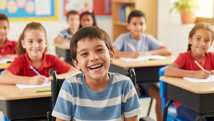 Fototapeta premium Smiling elementary school boy in wheelchair learning with classmates in sunny classroom.