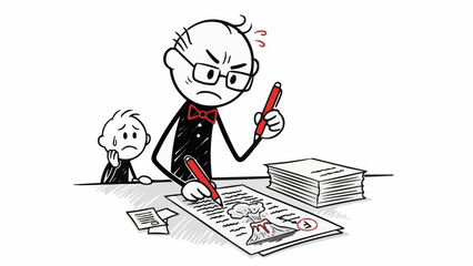Frustrated man with glasses and bow tie correcting a drawing with a red pen.