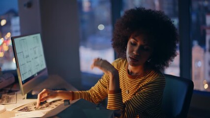 Engineering specialist tired late job in modern office closeup. African woman