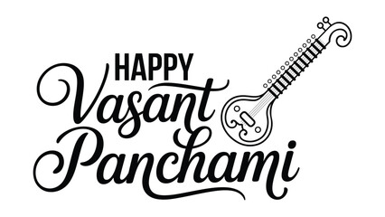 Happy vasant panchami elegant hand lettering typography with veena illustration celebrating hindu spring festival of india © Zavivec