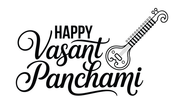Happy vasant panchami elegant hand lettering typography with veena illustration celebrating hindu spring festival of india