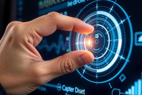 Futuristic Hand Interacting with Digital Data Interface - Powered by Adobe