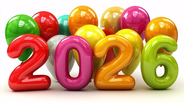 illustration presenting 2026 as a prominent balloon among smaller year balloons, isolated on white, expressing ambition, renewal, and the courage to begin a new chapter. symbolic, balloon, 2026, 
