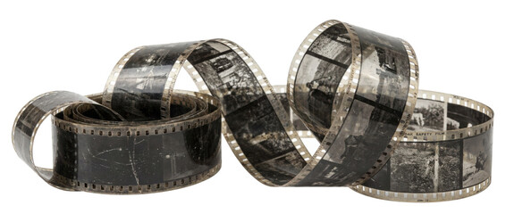 A film reel displaying black and white photographs, intricately coiled and showcasing various images.