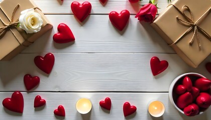 Romantic Decoration Flat Lay with Candles, Gifts, Hearts, and White Rose