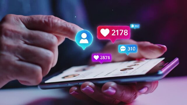 Closeup of hands interacting with a smartphone showing social media notifications like likes and comments in a dark setting, 4k