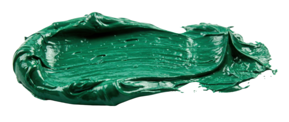 A vibrant green paint smear displaying a rich texture and glossy finish, showcasing the fluidity and depth of the color.