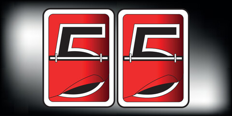 Dynamic and abstract twin graphic elements with a bold red, white, and black color palette, suggesting stylized initials or a unique symbol design