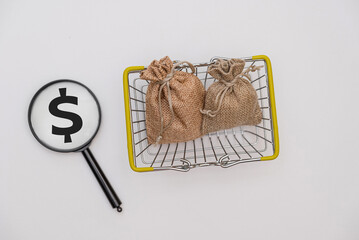 A shopping basket containing two burlap bags and a magnifying glass with a dollar sign. The scene...