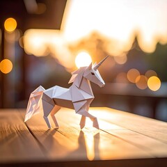 Origami unicorn stands proudly on wood, golden sunset in the background