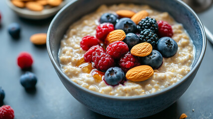 oatmeal bowl with creamy grains topped with vibrant berries almonds and honey creating warm comforting breakfast Concept of nutrition wellness morning health and cozy lifestyle.