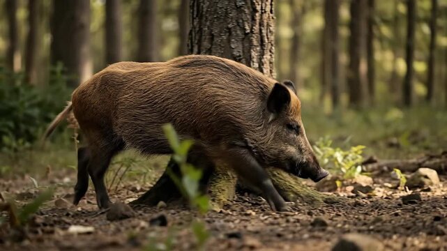 A wild boar foraging in a tranquil forest setting.