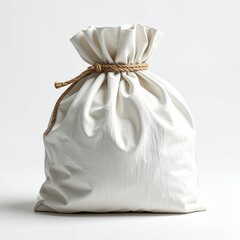 Cream-colored cloth sack tied with rope against a clean white background
